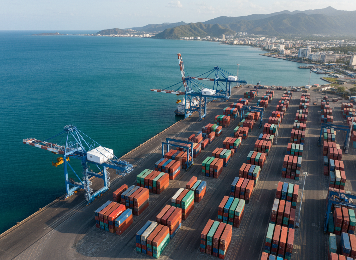 Fotografía aérea realista de la terminal de cargas en Bajos de Haina, República Dominicana, mostrando un puerto marítimo con muelles organizados, contenedores de colores perfectamente alineados y grúas azules y amarillas levantando carga. Al fondo se aprecia un mar de tono turquesa profundo y, más atrás, una franja urbana y montañosa ligeramente desenfocada. Luz de tarde clara y limpia, con sombras bien definidas que transmiten orden y eficiencia. Composición en gran angular, con nitidez en toda la escena y un estilo limpio y corporativo, ideal para portada de web de servicios de gestiones aduanales y coordinación de embarques internacionales.