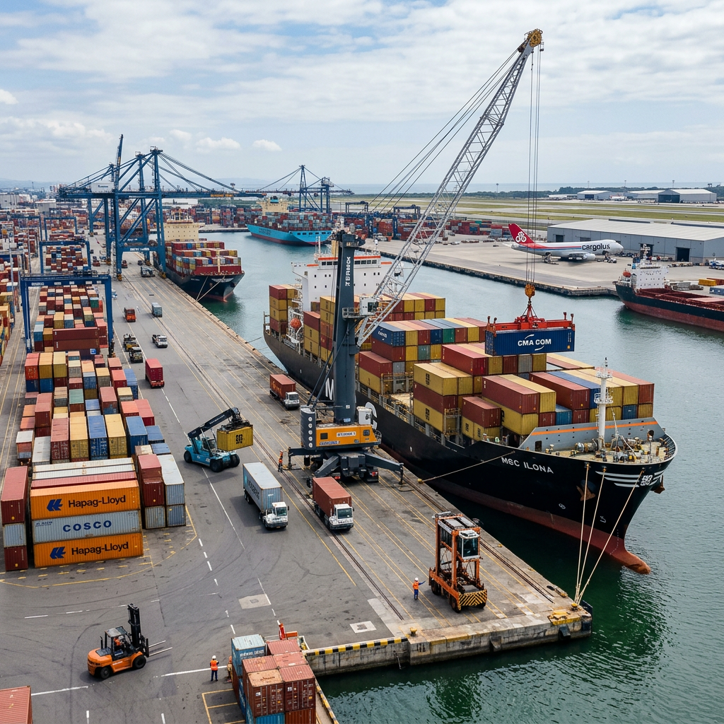 Large cargo ship being loaded with multicolored shipping containers at a busy port dock